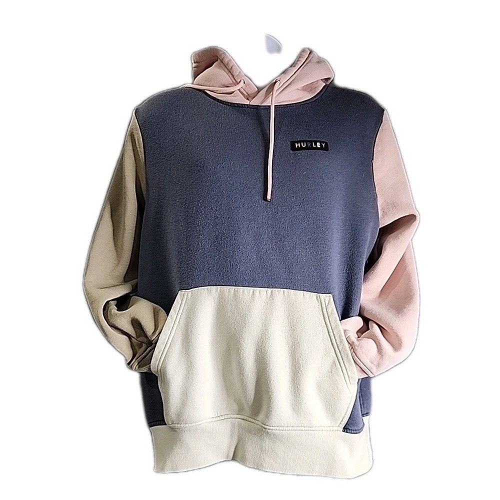Hurley Pullover Mens Size M Color-Blocked Hoodie Kangaroo Pocket Pink Gray Cream
